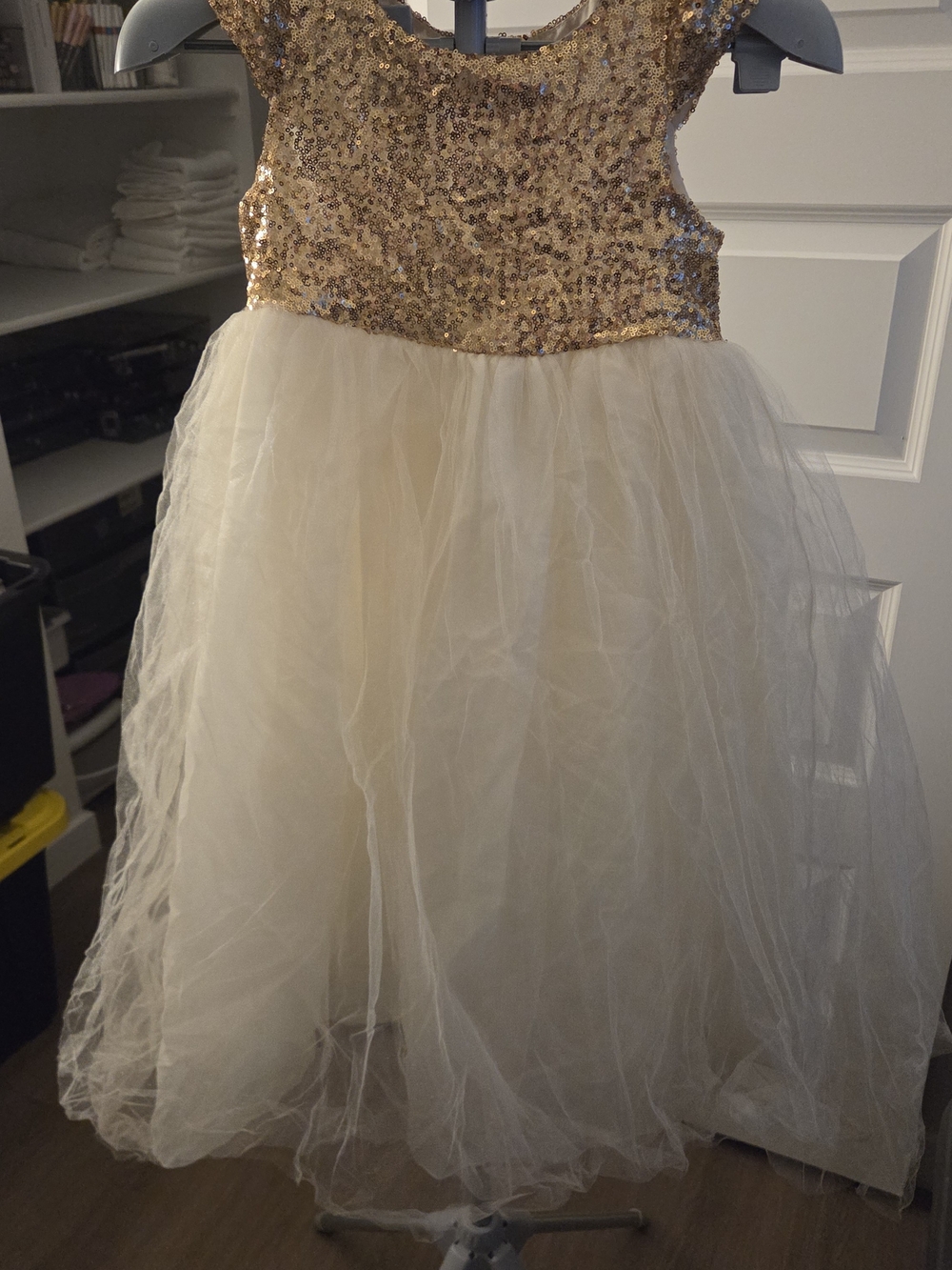 Girls Sparkle Gold Sequin Bodice Cream Tulle Dress